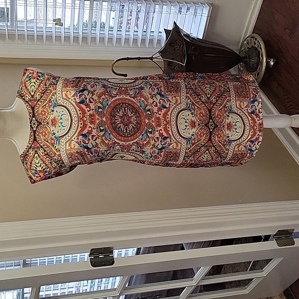 Molly Bracken colorful sleeveless sheath dress fully lined yellow orange 6 EUC …